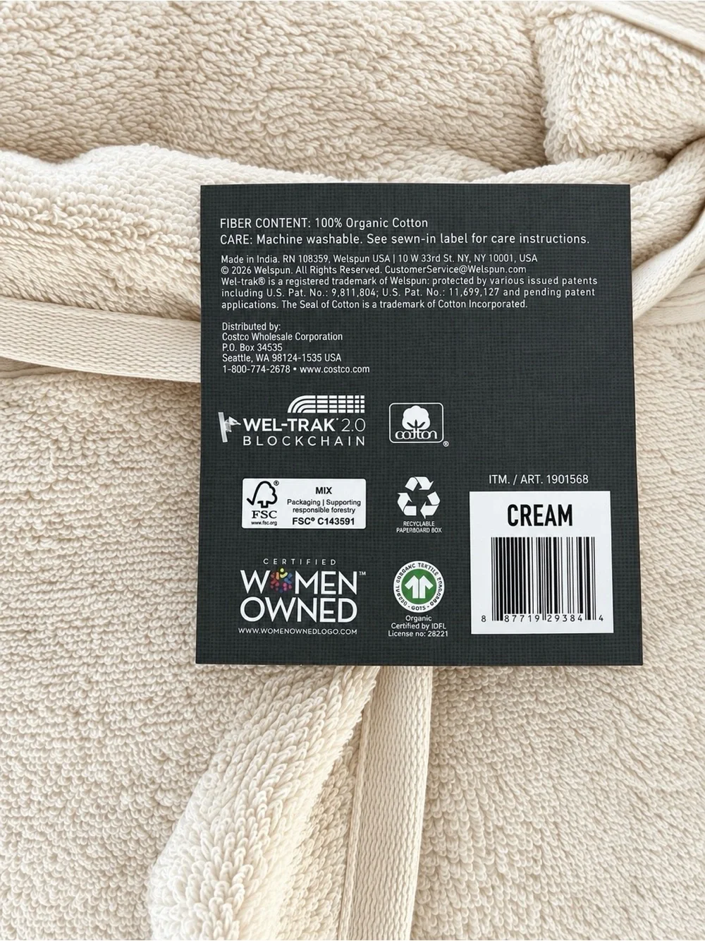 Purely Organic 2 Pack Organic Cotton Bath Towels 30x58 Cream
